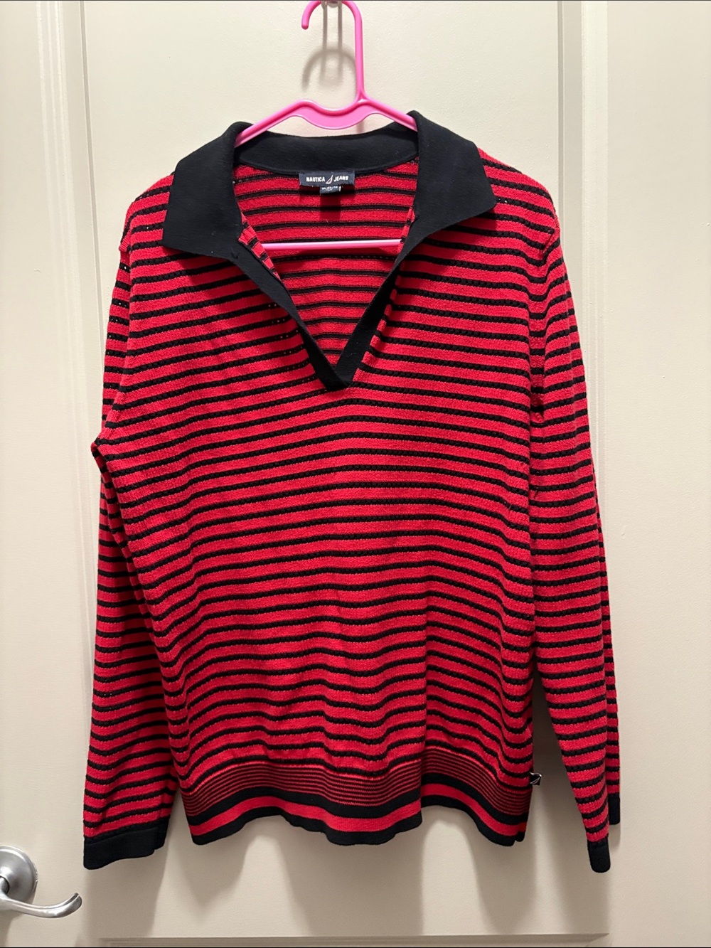 Nautica Red and Black Striped V-Neck Polo Sweater